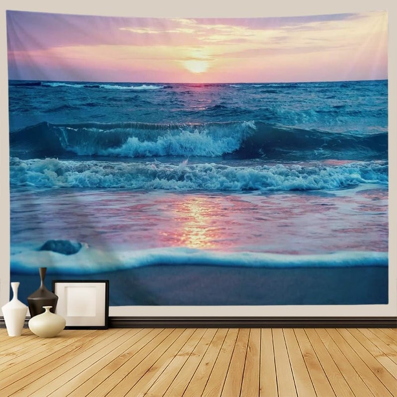 IcosaMro Ocean Tapestry Wall Hanging, Sea Beach Wave Sun Cloud Landscape Scenery Nature Wall Art [Double-Folded Hems] Bohemian Home Decor for Bedroom, Dorm, College, Living Room, 60x82.7, Blue - Image 1